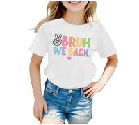 Camiseta de cuello redondo para niña con gráfico de comienzo del colegio, manga corta, multicolor, cómoda para, Blanco, 12-13 años