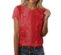 Camiseta de cuello redondo pop para carnaval 2026 con lentejuelas brillantes de moda y manga corta, combinada con un top informal de color sólido y elegante y cómodo, RD1., M