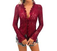 Camiseta de encaje de malla con bordado floral para mujer, corte bajo, manga larga, babydoll, camiseta interior de capas, tops de encaje para mujer, manga larga, transparente, sexy, cuello en V