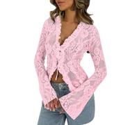 Camiseta de encaje de malla con bordado floral para mujer, corte bajo, manga larga, babydoll, camiseta interior de capas, tops de encaje para mujer, manga larga, transparente, sexy, cuello en V