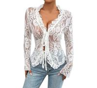 Camiseta de encaje de malla con bordado floral para mujer, corte bajo, manga larga, babydoll, camiseta interior de capas, tops de encaje para mujer, manga larga, transparente, sexy, cuello en V