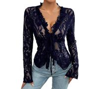 Camiseta de encaje de malla con bordado floral para mujer, corte bajo, manga larga, babydoll, camiseta interior de capas, tops de encaje para mujer, manga larga, transparente, sexy, cuello en V