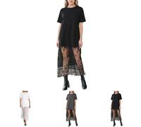 Camiseta de encaje grande para mujer, vestido midi 2 en 1, vestido informal de verano, encaje transparente, manga corta, elegante para el día a día, fiesta, festival, gris, M