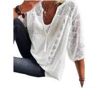 Camiseta de encaje para mujer con cuello en U con mangas de siete puntos, camiseta suelta de poliéster para uso casual para ocio, blanco (S blanco)