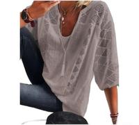 Camiseta de encaje para mujer con cuello en U con mangas de siete puntos, camiseta suelta de poliéster para uso casual para ocio, blanco (M gris)
