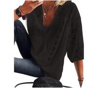 Camiseta de encaje para mujer, cuello en U, manga de siete puntos, camiseta suelta de poliéster para oficina, diario, casual, color negro (S negro)