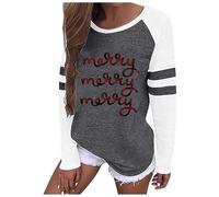 Camiseta de estilo navideño para mujer, estampado de cartas navideñas, cuello redondo informal, empalme a rayas, camiseta de manga larga, camiseta, blusa, túnica, camiseta verde neón, gris, XXL