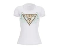 Guess Camiseta ecológica de manga corta con triángulo de flores para mujer, Blanco puro, S