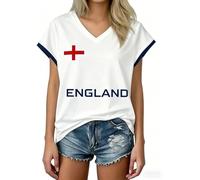 Camiseta de Fútbol Inglaterra 2026 Camiseta de Mujer Deporte Impreso León y Cruz de San Jorge Camisetas de Manga Corta Cuello en V Oversize Top de Fan Transpirable para Soportar Fútbol Partido, Diario
