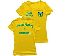 Camiseta de Fútbol Manga Corta Mujer | Regalo Personalizado con tu Nombre y Número | Brasil 2026 (S Amarillo Multicolor)