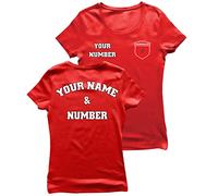 Camiseta de Fútbol Manga Corta Mujer | Regalo Personalizado con tu Nombre y Número | Marruecos 2026 (L Rojo Multicolor)