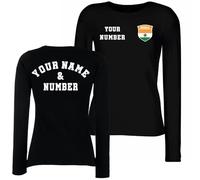 Camiseta de Fútbol Personalizada de Manga Larga para Mujer - India | Tu Nombre y tu Número | Bandera India, Insignia | Camiseta Personalizada | Copa Mundial 2026 (M Negro Multicolor)