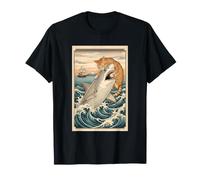 Camiseta De Gato Negro Hai Ukiyo-e Ocean Art Japonés Camiseta