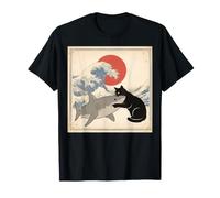 Camiseta De Gato Negro Hai Ukiyo-e Ocean Art Japonés Camiseta
