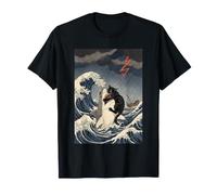 Camiseta De Gato Negro Hai Ukiyo-e Ocean Art Japonés Camiseta