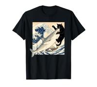 Camiseta De Gato Negro Hai Ukiyo-e Ocean Art Japonés Camiseta