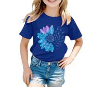 Camiseta de girasoles para niña, diseño de flores dulces, camisetas sueltas, cuello redondo, manga corta, informal, blusa para niña, manga corta, azul, 2-3 años