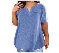 Camiseta de gran tamaño para mujer, cuello de pico, blusa de verano, monocolor, tallas grandes, suelta, manga corta, camiseta informal, blusa larga, ligera, cómoda, camiseta básica, camiseta