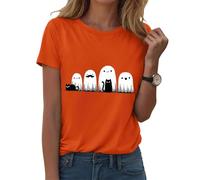 Camiseta de Halloween para mujer, bonita y divertida, cuello redondo, estampado gráfico, camiseta de dibujos animados, minimalista, camiseta de fiesta, trío fantasma, manga corta para dulces o amargos