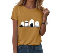 Camiseta de Halloween para mujer, bonita y divertida, cuello redondo, estampado gráfico, camiseta de dibujos animados, minimalista, camiseta de fiesta, trío fantasma, manga corta para dulces o amargos