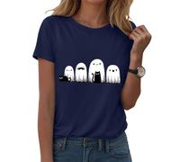 Camiseta de Halloween para mujer, bonita y divertida, cuello redondo, estampado gráfico, camiseta de dibujos animados, minimalista, camiseta de fiesta, trío fantasma, manga corta para dulces o amargos