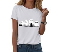 Camiseta de Halloween para mujer, bonita y divertida, cuello redondo, estampado gráfico, camiseta de dibujos animados, minimalista, camiseta de fiesta, trío fantasma, manga corta para dulces o amargos