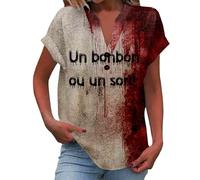 Camiseta de Halloween para mujer, con estampado de gráfico, camiseta de terror con efecto manchas de sangre, letras para fiestas temáticas, Style-a07 Vino Rojo, L
