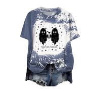 Camiseta de Halloween para mujer, cuello redondo, diseño bonito, cómodo, talla grande, camiseta de Halloween, cuello redondo, estampado de camiseta de manga corta, azul marino, S