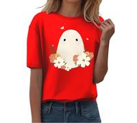 Camiseta de Halloween para mujer, pantalones cortos de manga gráfica, camiseta de cuello redondo con estampado de fantasma, informal, otoño 2025, camiseta elástica, informal, carnaval, fiesta