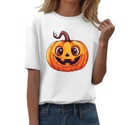 Camiseta de Halloween para mujer, pantalones cortos, manga gráfica, cuello redondo, calabaza, estampado informal, otoño, camisas de otoño 2025, elástico, informal, carnaval, fiesta, Halloween, disfraz