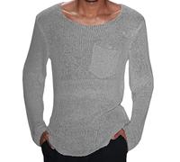 Camiseta de hombre 2026 Suéter de punto para hombre, color sólido, manga larga, con bolsillo, informal, básica, camiseta blanca, gris, L