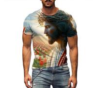 Camiseta de hombre con corte suelto para Pascua impresión digital 3D Jesús cuello redondo manga corta camiseta casual ropa hombre, blanco, S