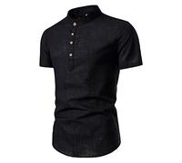 Camiseta de hombre de algodón europeo americano para hombre, cuello alto, color liso, algodón y lino, manga corta, Negro , 3XL