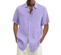 Camiseta de hombre de verano, camisa de algodón y lino de manga corta con botones, casual Hawaii de color liso, camisa de hombre de verano, manga corta a cuadros, ajuste ceñido y versátil, 4-púrpura