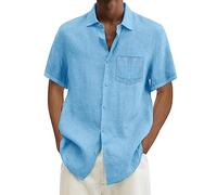 Camiseta de hombre de verano, camisa de algodón y lino de manga corta con botones Casual Hawaii de color liso camisa no planchar hombre Streetwear de moda, 3-azul, X-Large