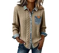 Camiseta de hombre Rigolo con cuello abotonado, Patchwork, Camisa en, Jersey de mezclilla, Blusa casual Camiseta enamorada, caqui, S