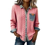 Camiseta de hombre Rigolo con cuello abotonado, Patchwork, Camisa en, Jersey de mezclilla, Blusa casual Camiseta enamorada, rosa, L