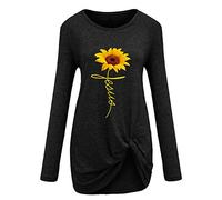 - Camiseta de invierno con estampado de girasol, manga larga, cuello redondo, cruz, camiseta de yoga para mujer, Negro , S