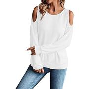Camiseta de invierno para mujer, informal, cómoda, sin hombros, monocolor, botón de manga larga, cuello redondo, camiseta 40, Blanco, L