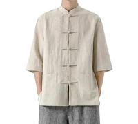 Camiseta de Kung Fu para hombres de algodón y lino - Estilo tradicional chino de traje Tang, chaqueta de manga larga, adecuada para Tai Chi y ocasiones culturales, caqui, XL