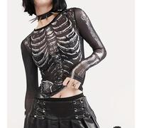 Camiseta de Larga Y2K Punk para Mujer - Estampado Esquelético Completo, Semi-Transparente y Elástica para Dark Academia, Halloween, Outfits Retro 2000s, Ropa , Tejido Transpirable, Moda Alternativa