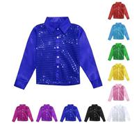 Camiseta de lentejuelas para niños, discoteca, lentejuelas, camisa de manga larga con botones para niños, camiseta de discoteca, carnaval, Halloween, fiesta temática, A1-azul., 5-6 años