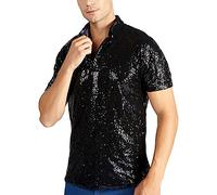 Camiseta de Lentejuelas Vintage para Hombre - Polo de Discoteca con Lentejuelas Doradas Metálicas Brillantes - Camisa de Manga Corta - Traje de Fiesta de los Años 70, Negro , M
