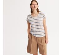 Camiseta de lino a rayas, cuello redondo, manga corta Mujer Talla 46/48. Color Blanco