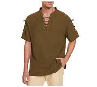 Camiseta de lino de manga corta para hombre, camisa pirata con cierre de cordones intrincado, auténtica blusa medieval vikinga pirata, disfraz gótico steampunk, disfraz de Halloween, marrón, L