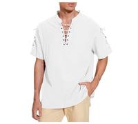Camiseta de lino de manga corta para hombre, camisa pirata con cierre de cordones intrincado, auténtica blusa medieval vikinga pirata, disfraz gótico steampunk, disfraz de Halloween, blanco, XL