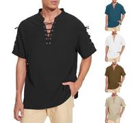 Camiseta de lino de manga corta para hombre, camisa pirata con cierre de cordones intrincado, auténtica blusa medieval vikinga pirata, disfraz gótico steampunk, disfraz de Halloween, Negro, XL