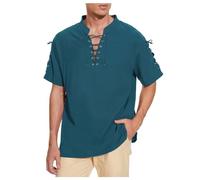 Camiseta de lino de manga corta para hombre, camisa pirata con cierre de cordones intrincado, auténtica blusa medieval vikinga pirata, disfraz gótico steampunk, disfraz de Halloween, azul, L