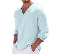 Camiseta de lino de manga larga para hombre, cuello en V, dobladillo deshilachado, camisetas de playa, ajuste relajado, transpirables, cómodas camisetas de lino de algodón, camisetas casuales de moda
