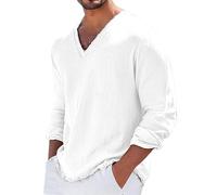 Camiseta de lino de manga larga para hombre, cuello en V, dobladillo deshilachado, camisetas de playa, ajuste relajado, transpirables, cómodas camisetas de lino de algodón, camisetas casuales de moda